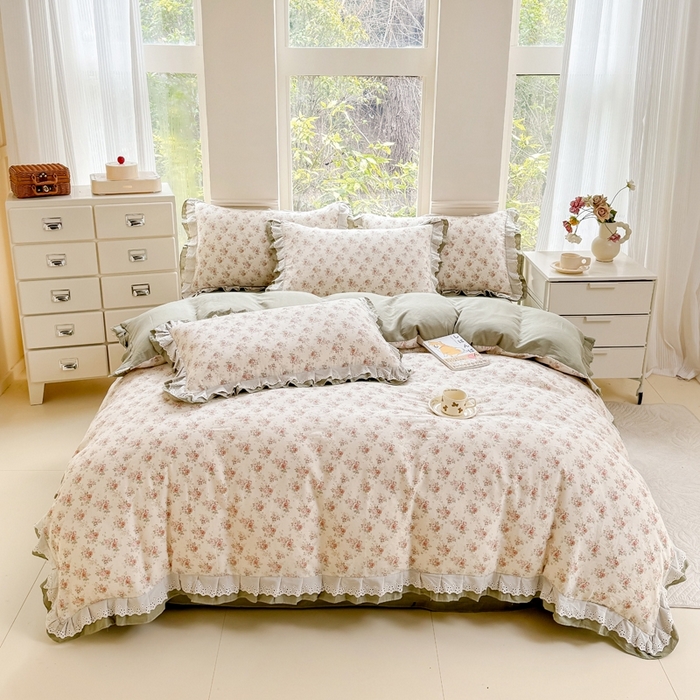 91家纺网 家纺一手货源 找家纺 晨晨家纺2025新款全棉双层花边双层纱四件套 香缇