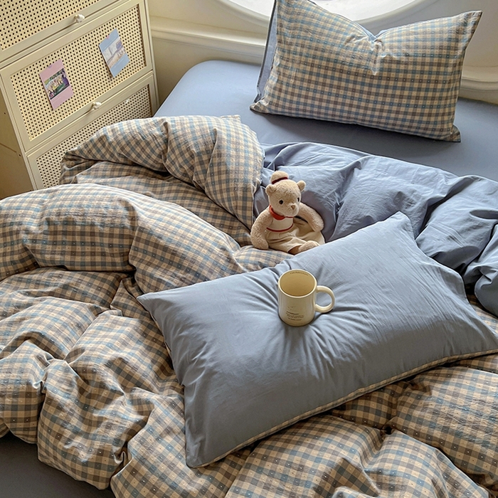 91家纺网 家纺一手货源 找家纺 田野 2025新款全棉水洗棉提花点点系列四件套 点点-深蓝