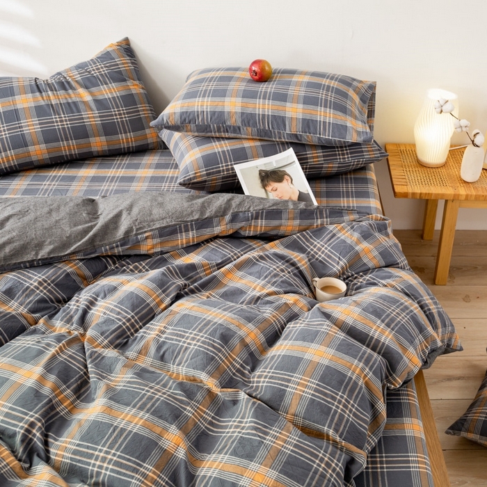 91家纺网 家纺一手货源 找家纺 2025新款A类色织水洗棉单被套 灰桔格