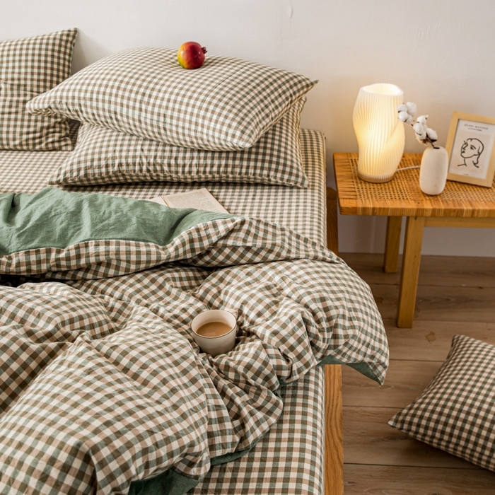 91家纺网 家纺一手货源 找家纺 2025新款A类色织水洗棉单被套 绿小格