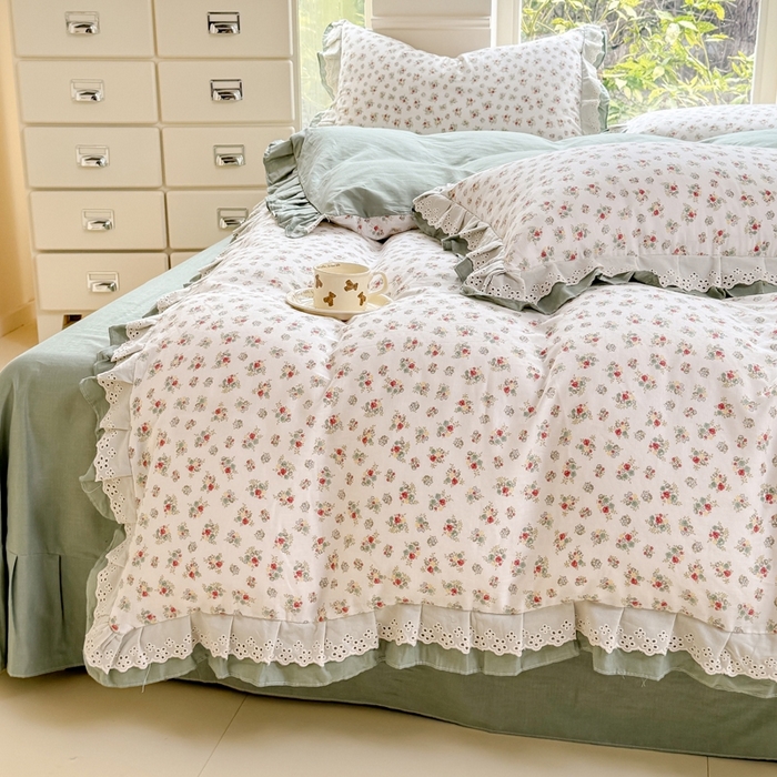 91家纺网 家纺一手货源 找家纺 晨晨家纺2025新款全棉双层花边双层纱四件套 花知晓