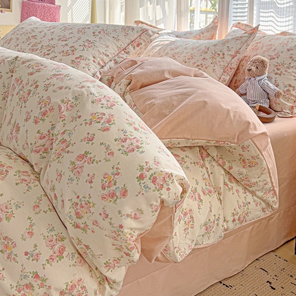 91家纺网 家纺一手货源 找家纺 优选 2025新款直播新款100%全棉小清新印花四件套纯棉三件套（一字绣工艺款）学生三件套 花舞轻盈