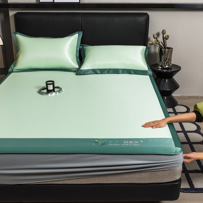 91家纺网 家纺一手货源 找家纺 全季家居 2025新款5A加厚加密艾草碳光席冰丝席 床笠-水绿