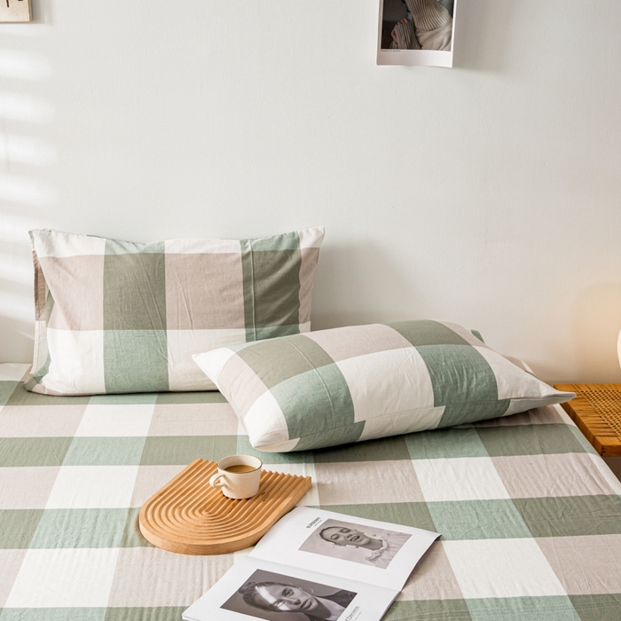 91家纺网 家纺一手货源 找家纺 2025新款A类色织水洗棉单被套 绿大格