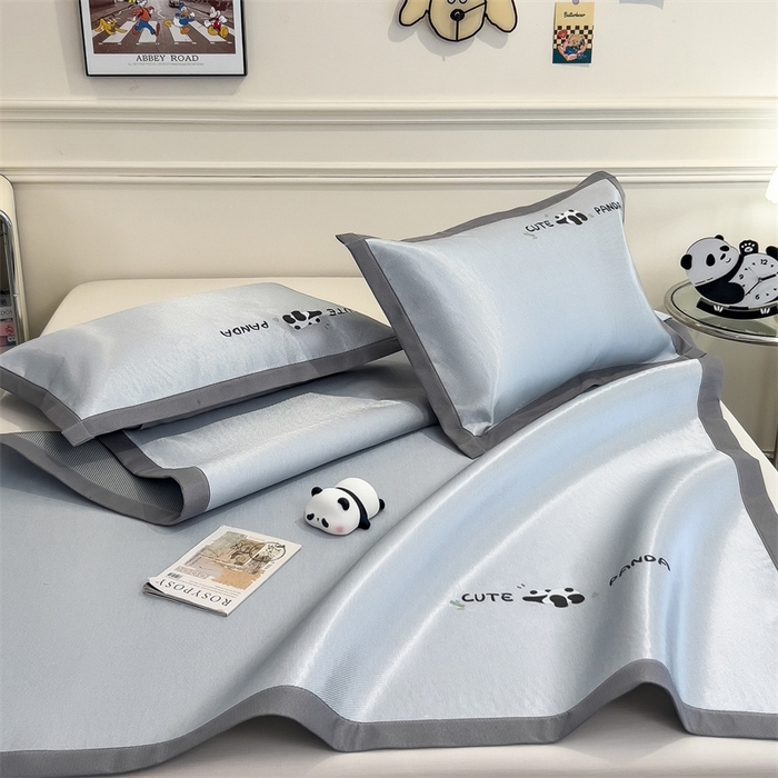 91家纺网 家纺一手货源 找家纺 星座家纺 2025新款600D熊猫烫画冰丝凉席三件套 清凉深灰