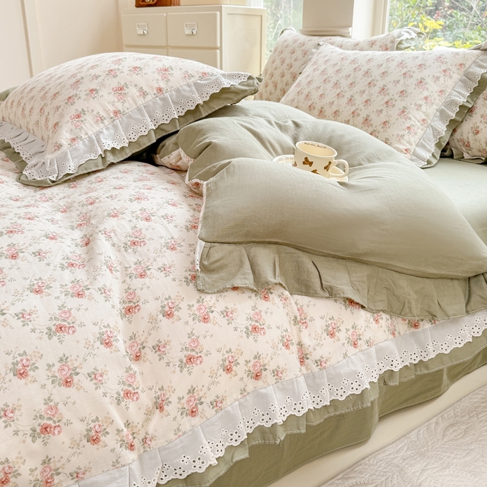 91家纺网 家纺一手货源 找家纺 晨晨家纺2025新款全棉双层花边双层纱四件套 香缇