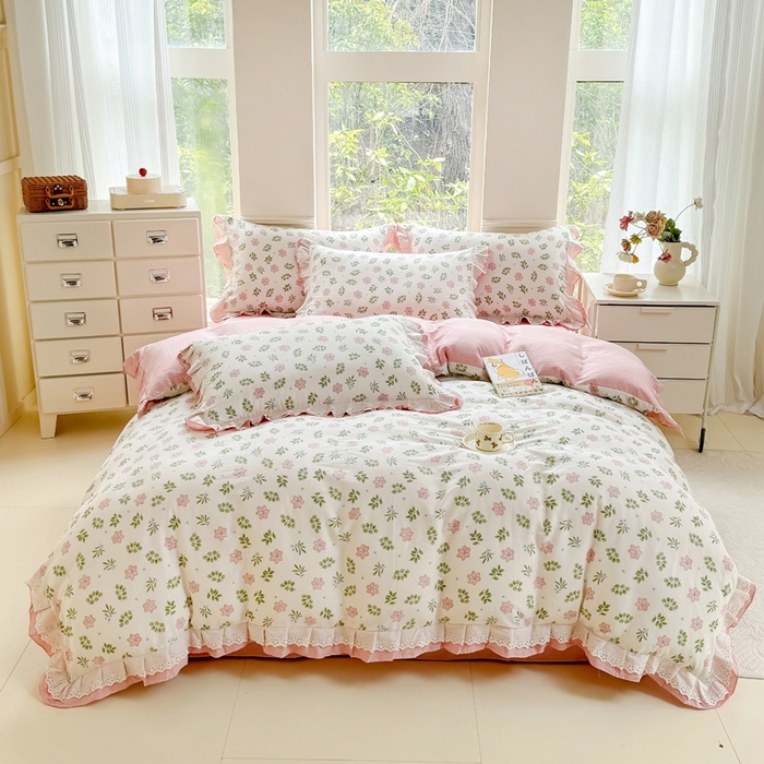 91家纺网 家纺一手货源 找家纺 晨晨家纺2025新款全棉双层花边双层纱四件套 絮语