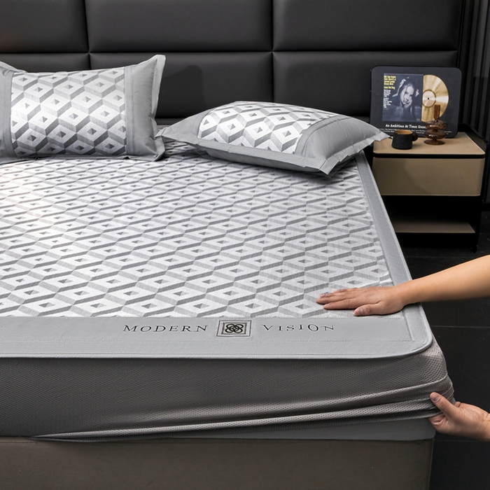 91家纺网 家纺一手货源 找家纺 全季家居 2025新款5A抗菌3D立体冰柔凉感冰丝席 格调-银灰 床笠款