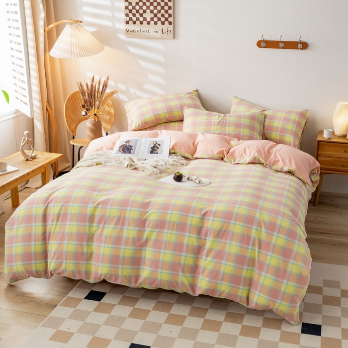 91家纺网 家纺一手货源 找家纺 2025新款A类色织水洗棉单被套 弗暖粉黄