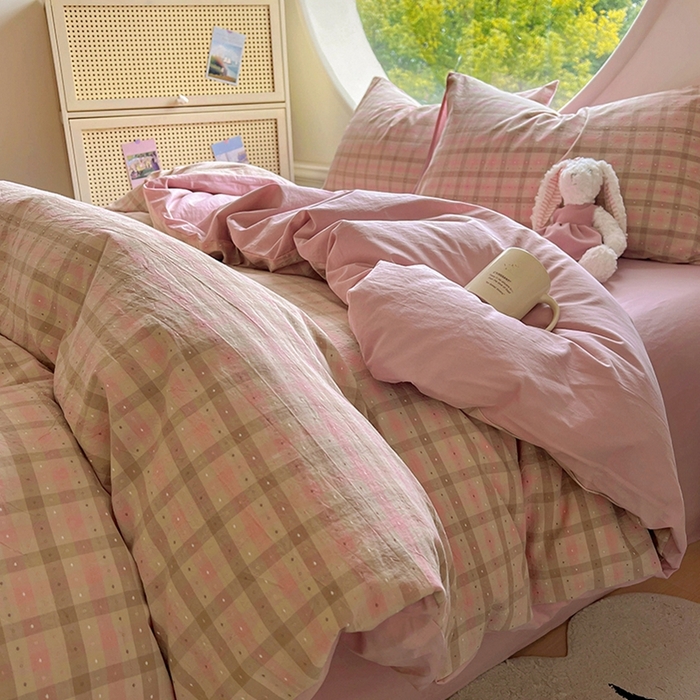 91家纺网 家纺一手货源 找家纺 田野 2025新款全棉水洗棉提花点点系列四件套 点点-粉