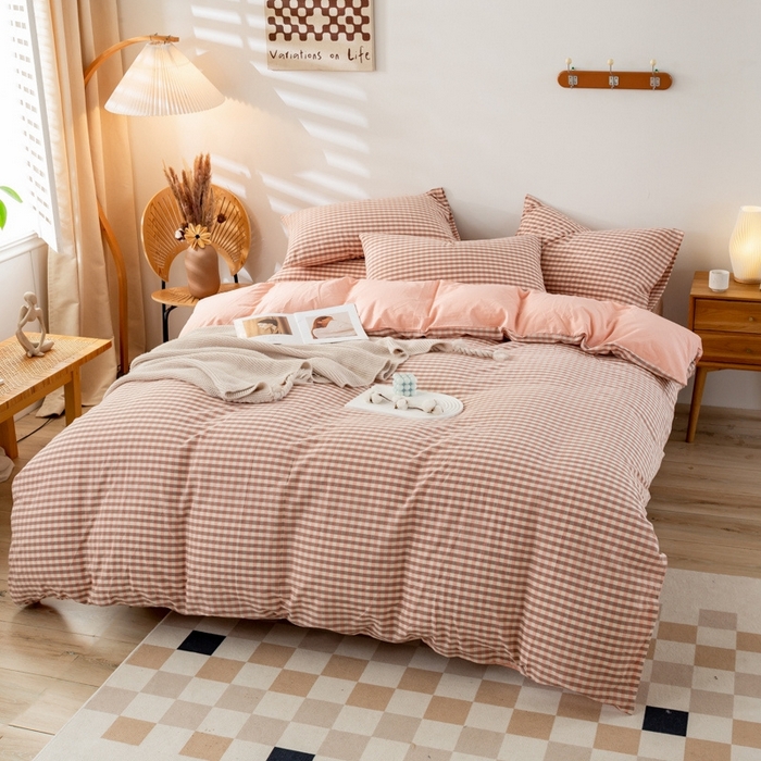 91家纺网 家纺一手货源 找家纺 2025新款A类色织水洗棉单被套 粉小格