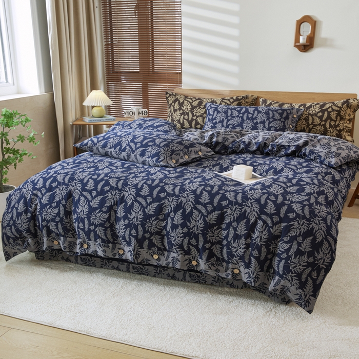 91家纺网 家纺一手货源 找家纺 2025新款全棉色织双层纱纽扣款四件套 扶苏-深兰