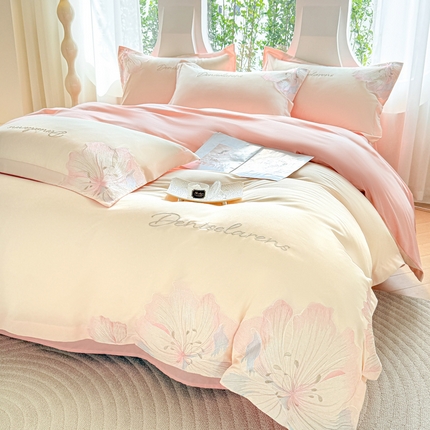 花愿（原花纪） 2025新款加密水洗棉绣花四件套-花语 奶昔白+樱花粉