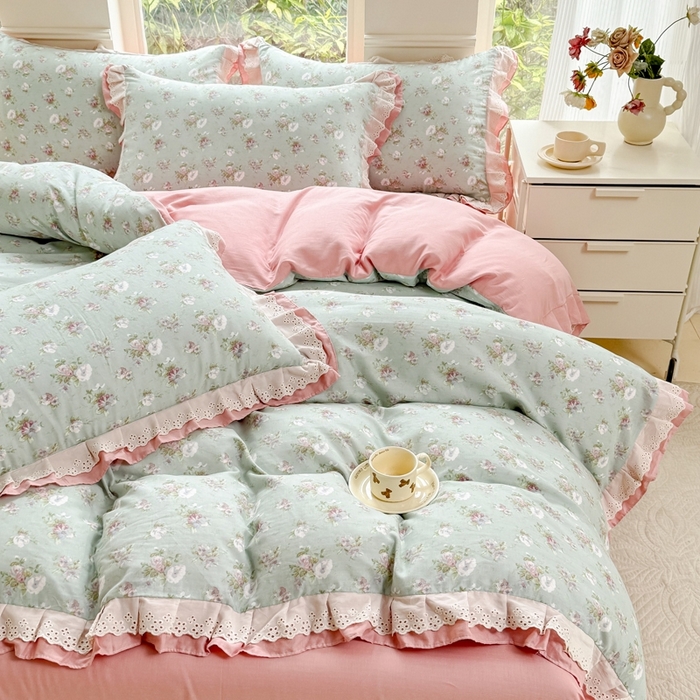 91家纺网 家纺一手货源 找家纺 晨晨家纺2025新款全棉双层花边双层纱四件套 秘密花园