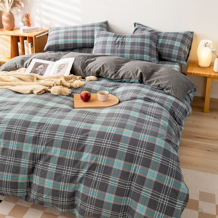 91家纺网 家纺一手货源 找家纺 2025新款A类色织水洗棉单被套 灰绿格