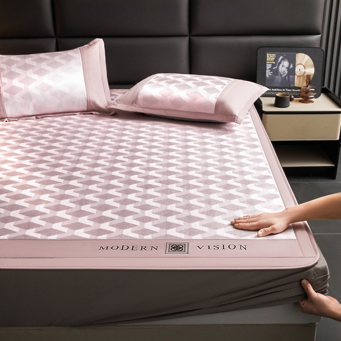 91家纺网 家纺一手货源 找家纺 全季家居 2025新款5A抗菌3D立体冰柔凉感冰丝席 菱形-淡粉 床笠款