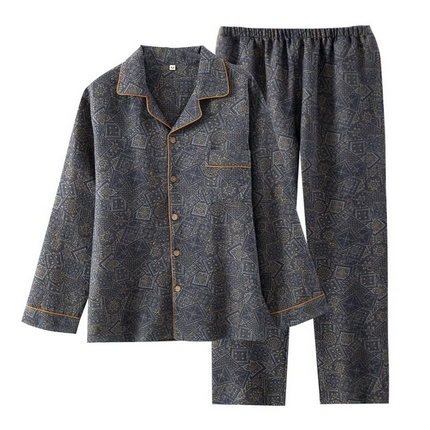 洛兰沙家居馆【只代发】【只代发】2025新款男款休闲色织纯棉双层纱布睡衣夏季薄款长袖短袖宽松家居服外穿 长袖C008