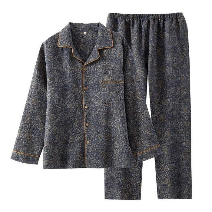 91家纺网 家纺一手货源 找家纺 洛兰沙家居馆【只代发】【只代发】2025新款男款休闲色织纯棉双层纱布睡衣夏季薄款长袖短袖宽松家居服外穿 长袖C008