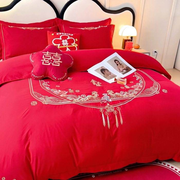 91家纺网 家纺一手货源 找家纺 （总）2025新款100支150克双面长绒棉婚庆绣花四件套