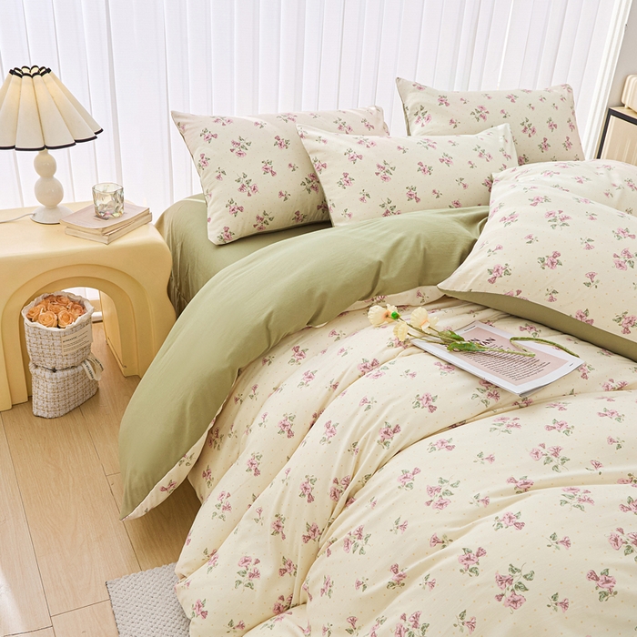 91家纺网 家纺一手货源 找家纺 蕾诺家纺 2025新款直播新款A类有氧提花云纱棉圆角吊边工艺四件套学生三件套 甜蜜蜜