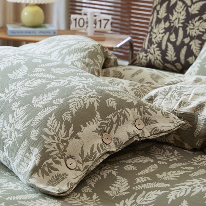 91家纺网 家纺一手货源 找家纺 2025新款全棉色织双层纱纽扣款四件套 扶苏-绿