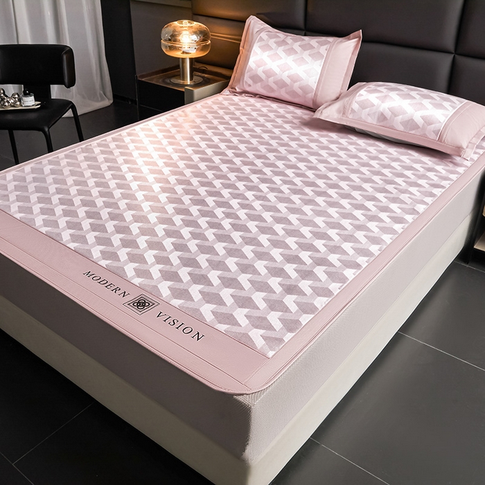 91家纺网 家纺一手货源 找家纺 全季家居 2025新款5A抗菌3D立体冰柔凉感冰丝席 菱形-淡粉 床笠款