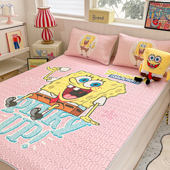 91家纺网 家纺一手货源 找家纺 金爱家 2025新款海绵宝宝乳胶凉席床席款凉席席子 床席款-爱喝海绵宝宝粉