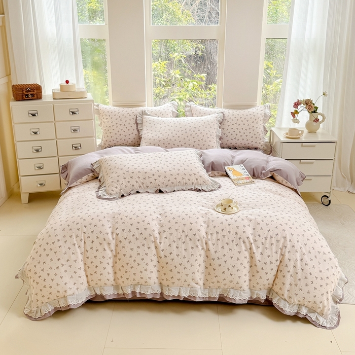 91家纺网 家纺一手货源 找家纺 晨晨家纺2025新款全棉双层花边双层纱四件套 法式少女-咖