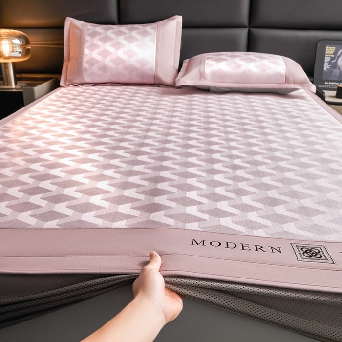 91家纺网 家纺一手货源 找家纺 全季家居 2025新款5A抗菌3D立体冰柔凉感冰丝席 菱形-淡粉 床笠款