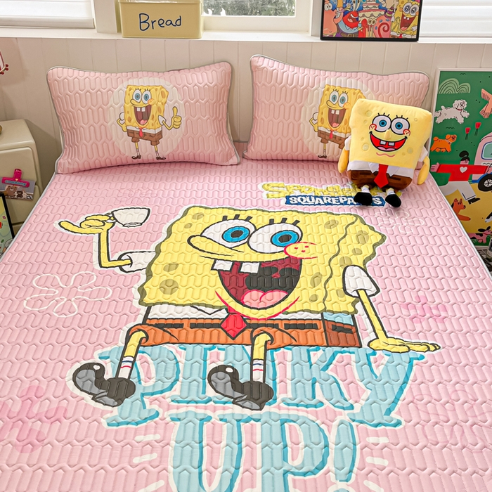 91家纺网 家纺一手货源 找家纺 金爱家 2025新款海绵宝宝乳胶凉席床席款凉席席子 床席款-爱喝海绵宝宝粉