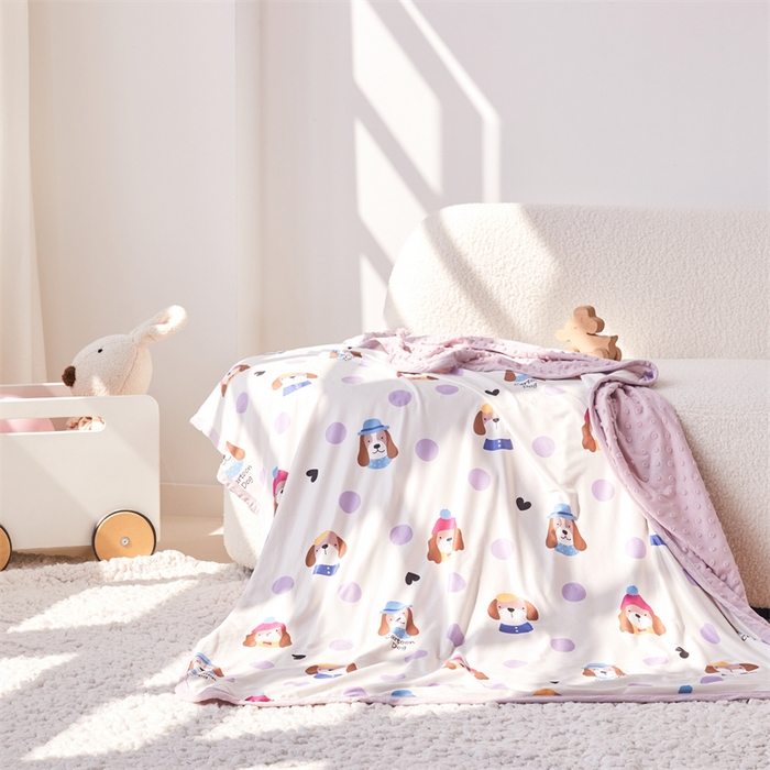 91家纺网 家纺一手货源 找家纺 艾佳宝贝 2025新款A类针织豆豆儿童多功能宿舍午睡安抚盖毯 晚安 小狗-盖毯