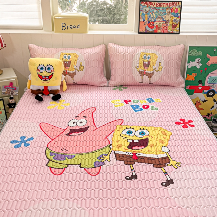 91家纺网 家纺一手货源 找家纺 金爱家 2025新款海绵宝宝乳胶凉席床席款凉席席子 床席款-粉粉海绵宝宝