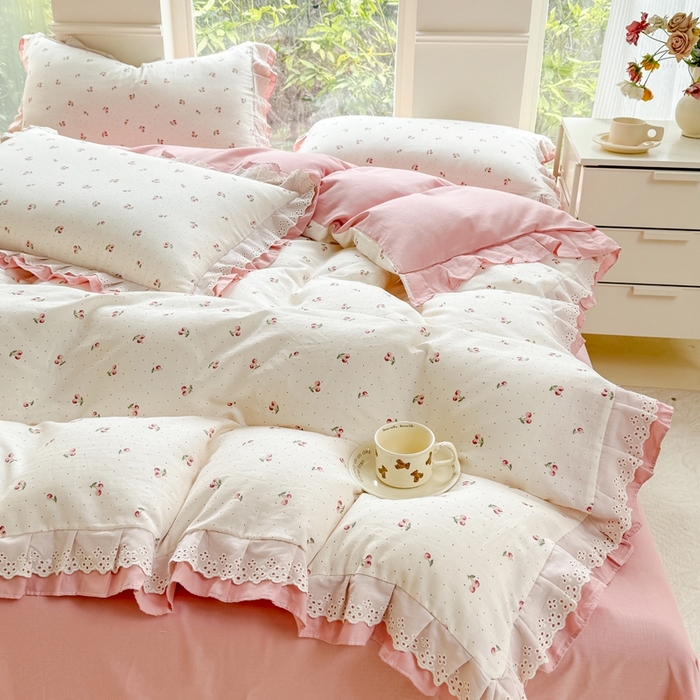 91家纺网 家纺一手货源 找家纺 晨晨家纺2025新款全棉双层花边双层纱四件套 秋实