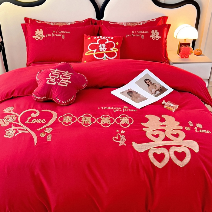 91家纺网 家纺一手货源 找家纺 2025新款100支150克双面长绒棉婚庆绣花四件套 幸福美满