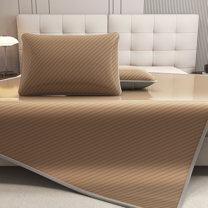 91家纺网 家纺一手货源 找家纺 欧邦 2025春夏新款水某星同款斜纹提花冰丝席三件套 床笠款-深咖