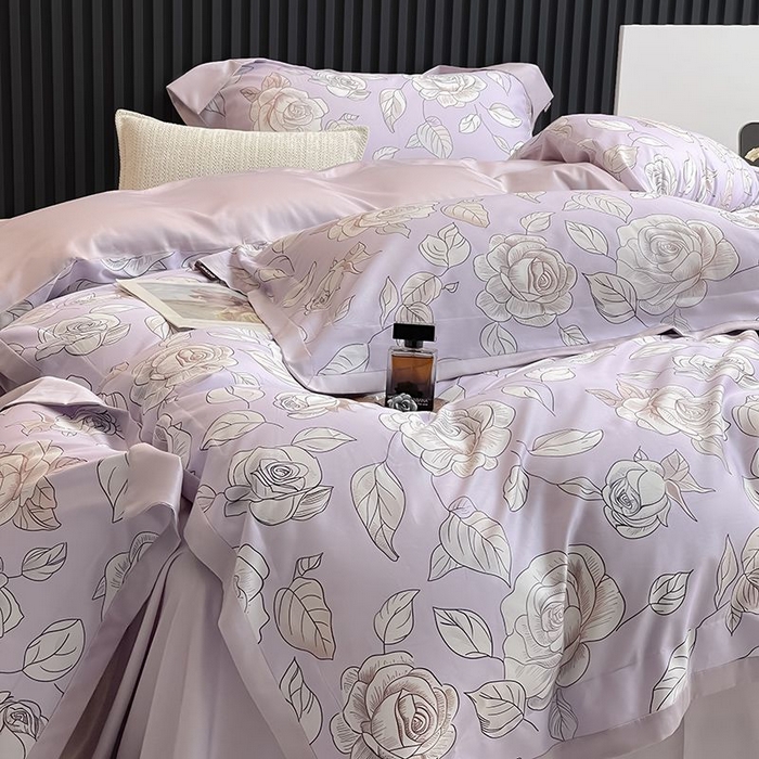 91家纺网 家纺一手货源 找家纺 2025新款夏季热款A类母婴级数码印花全棉四件套高端纯棉被套长绒棉床单床笠床上用品 沐熙-紫