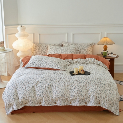 2025新款小碎花纽扣款田园风四件套非全棉纯棉日式水洗棉三件套 爱丽丝-橙