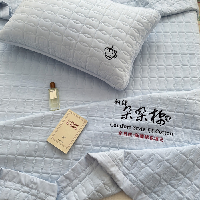 91家纺网 家纺一手货源 找家纺 云雀 2025新款A类加棉刺绣棉花床笠+盖毯 棉花盖毯-浅蓝