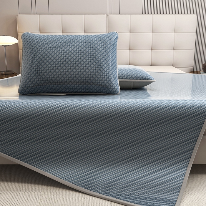 91家纺网 家纺一手货源 找家纺 欧邦 2025春夏新款水某星同款斜纹提花冰丝席三件套 床笠款-深蓝