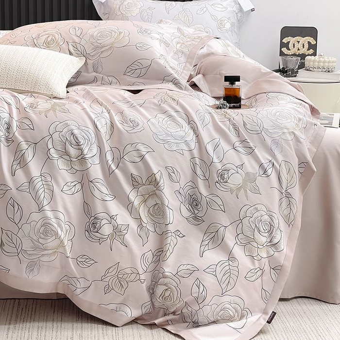 91家纺网 家纺一手货源 找家纺 2025新款夏季热款A类母婴级数码印花全棉四件套高端纯棉被套长绒棉床单床笠床上用品 沐熙-粉