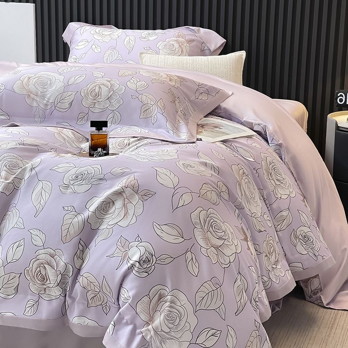 91家纺网 家纺一手货源 找家纺 2025新款夏季热款A类母婴级数码印花全棉四件套高端纯棉被套长绒棉床单床笠床上用品 沐熙-紫