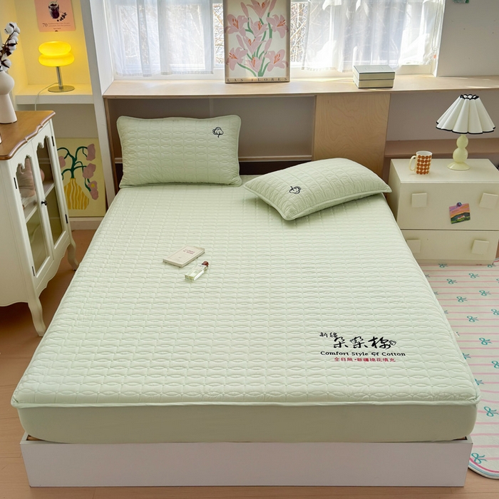 91家纺网 家纺一手货源 找家纺 云雀 2025新款A类加棉刺绣棉花床笠+盖毯 棉花床笠-豆绿