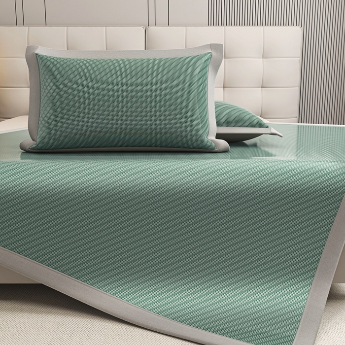 91家纺网 家纺一手货源 找家纺 欧邦 2025春夏新款水某星同款斜纹提花冰丝席三件套 凉席款-松绿