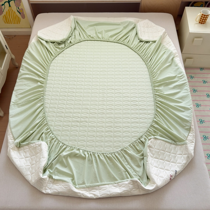 91家纺网 家纺一手货源 找家纺 云雀 2025新款A类加棉刺绣棉花床笠+盖毯 棉花床笠-豆绿