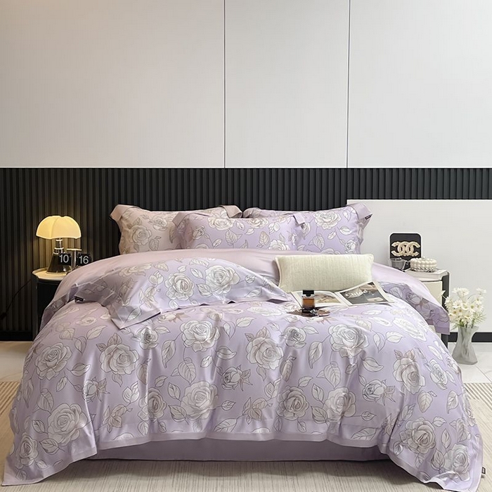 91家纺网 家纺一手货源 找家纺 2025新款夏季热款A类母婴级数码印花全棉四件套高端纯棉被套长绒棉床单床笠床上用品 沐熙-紫
