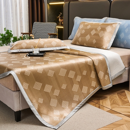 91家纺网 家纺一手货源 找家纺 悦织湾家纺2025新款三明治碳光提花冰藤席三件套2025新款夏凉席冰丝席子藤席轻奢时尚电商直播热销款 立方体-卡