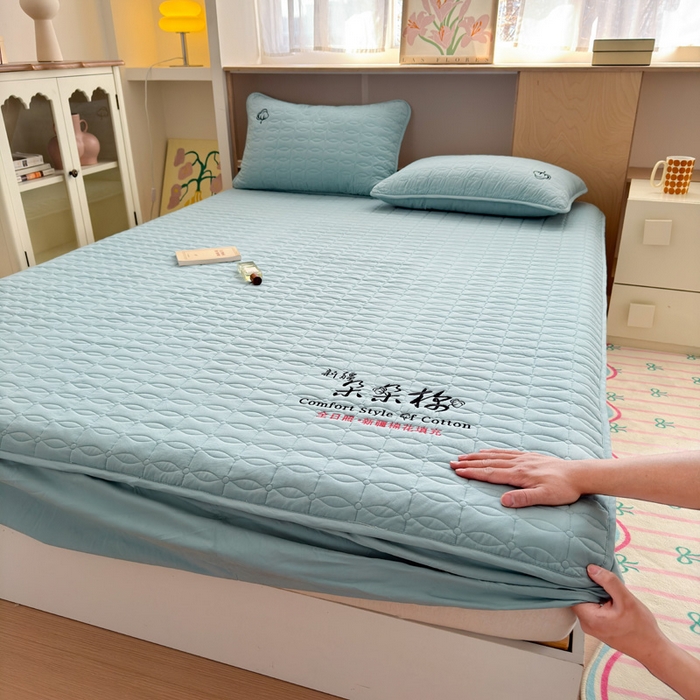 91家纺网 家纺一手货源 找家纺 云雀 2025新款A类加棉刺绣棉花床笠+盖毯 棉花床笠-雾霾蓝