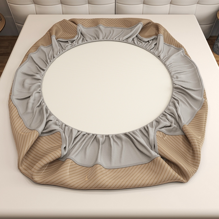 91家纺网 家纺一手货源 找家纺 欧邦 2025春夏新款水某星同款斜纹提花冰丝席三件套 床笠款-深咖