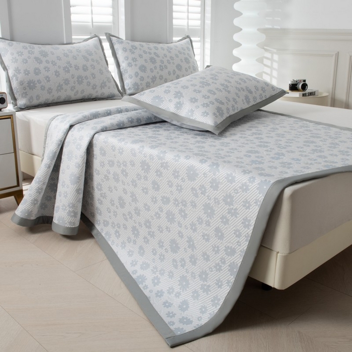 91家纺网 家纺一手货源 找家纺 尚品凤凰 2025新款凉感豆豆席提花三件套 百花争艳  蓝