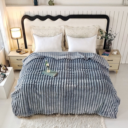 美洲琳 2025新款仿兔毛大泡泡宽抽条毛毯毯子 蓝灰